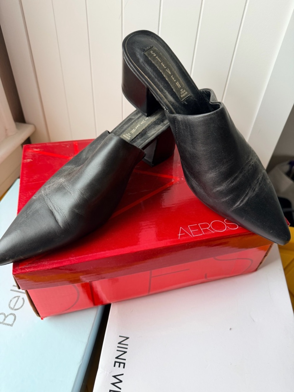 Steve Madden Black Pointed Leather Mules with Block Heel